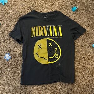 NIRVANA Black Tee with Split Yellow Smiley Graphic